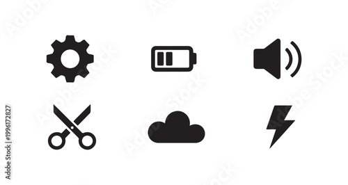 Essential digital interface utility icons for settings power and media control on mobile screens.