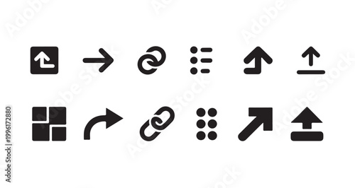 Universal interface icon set with black solid arrows link symbols and list buttons on transparent.