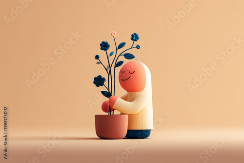 Whimsical Character Nurturing a Potted Plant