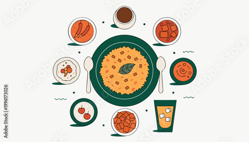 A delicious and colorful assortment of Indian dishes and beverages presented in a flat vector illustration style for culinary enjoyment.