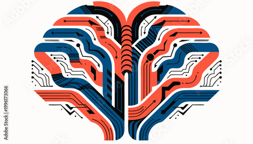 Abstract brain illustration constructed from colorful geometric circuit lines and digital pathways representing advanced artificial intelligence and neural network technology innovation
