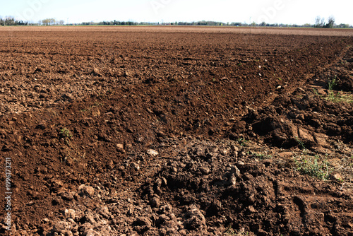 Fotografie Freshly plowed field in the italian countryside on early springttime