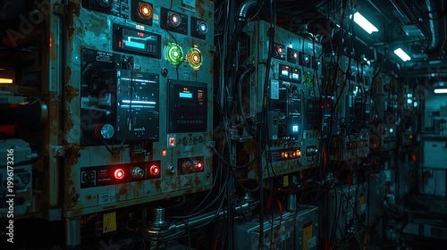 Industrial control panels with glowing lights, tangled wiring and digital screens in a gritty cyberpunk setting, evoking high-tech servers, circuitry and automation systems