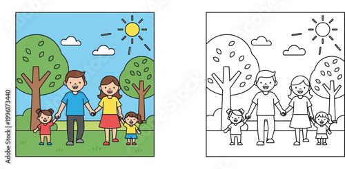 Happy Family with Father Mother and Two Daughters Walking in the Park Under the Sun, Colored and Line Art Version for Kids Coloring Book Page, Vector Cartoon Illustration (178 characters)