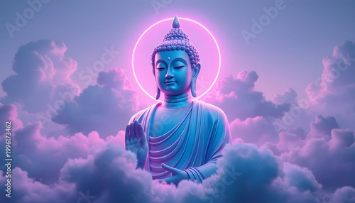 Neon buddha a serene figure amidst ethereal clouds and vibrant light