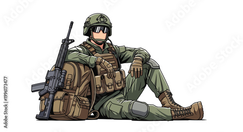 Soldier in full combat gear sitting with rifle resting on a backpack illustration isolated on white background