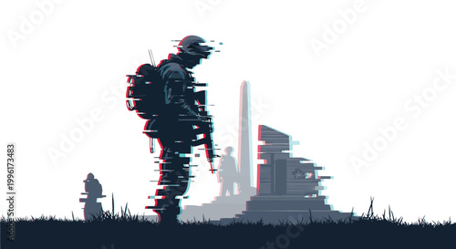 Silhouette of soldier standing at memorial monument with digital glitch art effect on white background isolated on white background