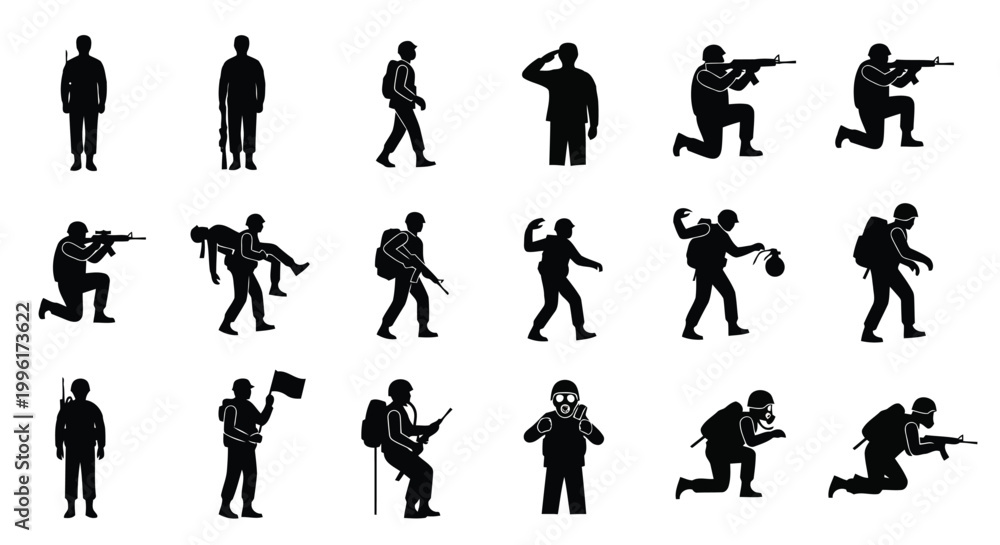 Obraz premium Set of black silhouette icons depicting various soldier actions and military personnel positions isolated on white background