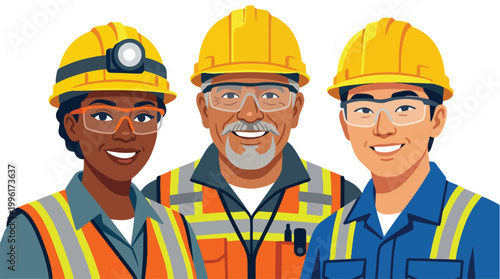 Diverse team of construction workers wearing hard hats and safety vests smiling together representing teamwork and industry professionals in a collaborative work environment