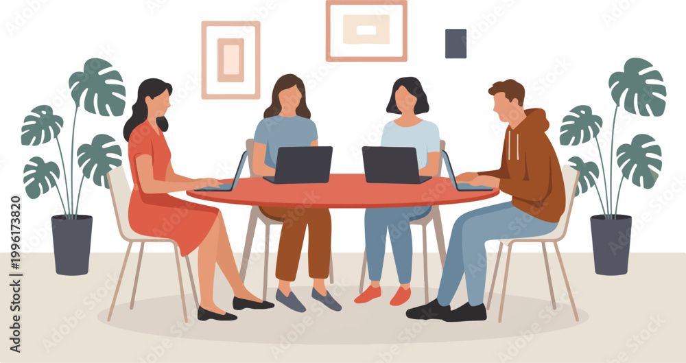 Fototapeta premium Diverse group of professional colleagues working on laptops at a round table in a modern coworking office space interior.