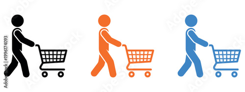 Minimalist vector illustration of three diverse shoppers with shopping carts, ideal for retail marketing, business concepts, and consumer lifestyle graphics.