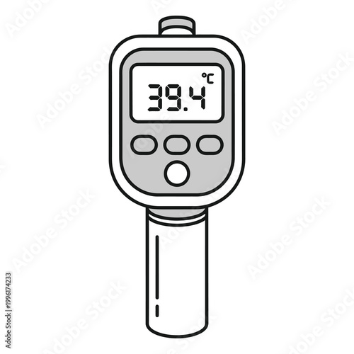 Digital infrared thermometer with temperature display and buttons on front panel icon