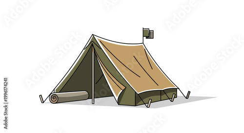 Green military canvas tent with flag on top for camping or army base isolated on white background