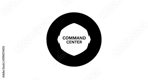 Modern abstract graphic illustration of a black circular design with the text "COMMAND CENTER" in the center, representing control and operations
