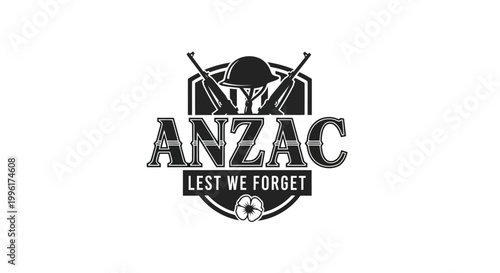 Professional ANZAC day badge with soldier silhouette and crossed rifles design isolated on white background