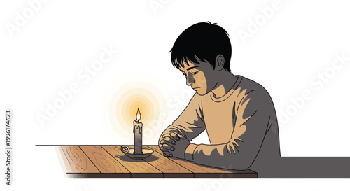 Young boy sitting at wooden table with candle light reflecting on loss and remembrance at night isolated on white background