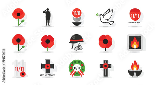 Set of fifteen flat vector icons for remembrance day featuring poppies soldiers and symbols of war isolated on white background