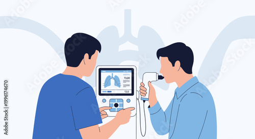 Doctor performing lung function test on patient with spirometer, medical equipment