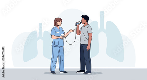 Doctor performing lung function test on patient with spirometer, medical checkup