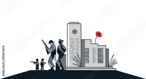 Minimalist graphic illustration of silhouettes of soldiers standing before a war memorial monument isolated on white background