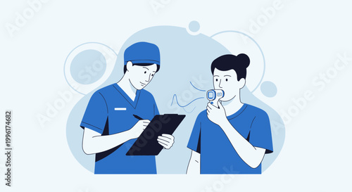 Doctor performing lung function test on patient with spirometer, medical examination