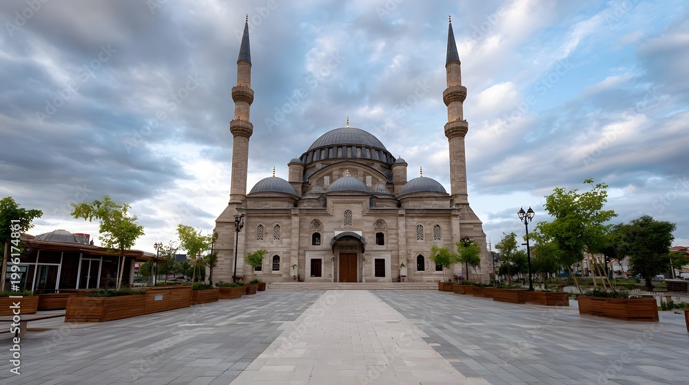 Fototapeta premium A majestic religious structure featuring domes and minarets dominates a wide plaza framed by lush greenery beneath a dramatic clouded sky