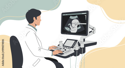 Doctor performing ultrasound on pregnant woman showing fetus on screen
