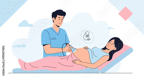 Doctor performing ultrasound on pregnant woman, showing baby silhouette on screen, healthcare concept