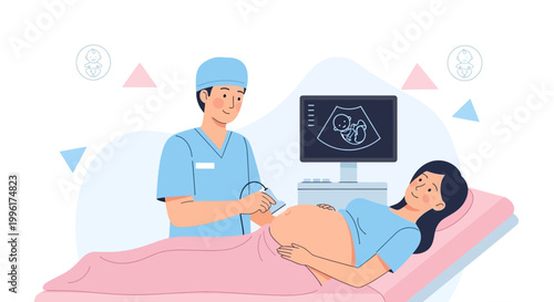 Doctor performing ultrasound on pregnant woman, showing baby on screen
