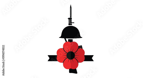 Memorial emblem with soldier helmet and rifle behind a red poppy flower on white background isolated on white background