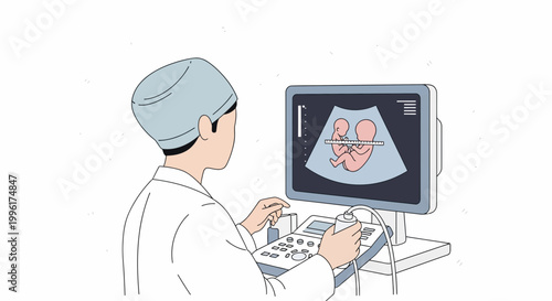 Doctor performing ultrasound on pregnant woman, showing fetus on screen