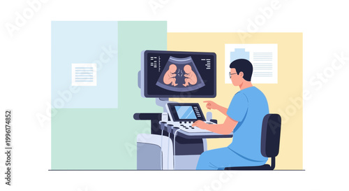 Doctor performing ultrasound scan of kidneys on monitor in medical clinic