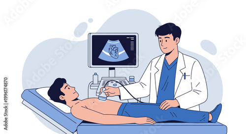 Doctor performing ultrasound scan on male patient, medical examination, diagnostic imaging