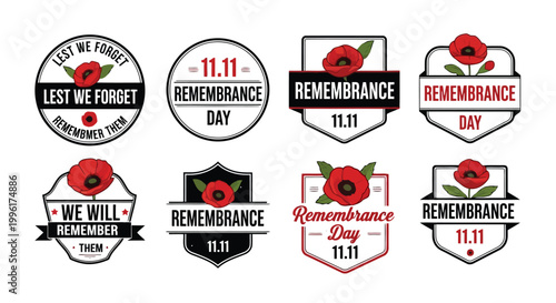 Remembrance day badges with red poppy flowers for memorial service and veteran commemoration themes isolated on white background