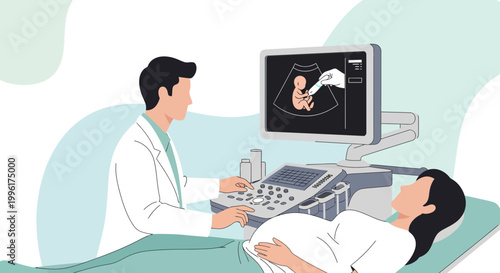 Doctor performs ultrasound on pregnant woman, showing baby on screen