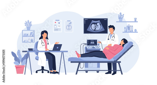 Doctor performs ultrasound on pregnant woman, showing baby on screen