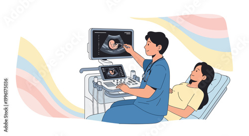Doctor performs ultrasound on pregnant woman, showing baby on screen