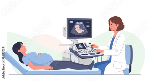 Doctor performs ultrasound on pregnant woman, showing baby on screen