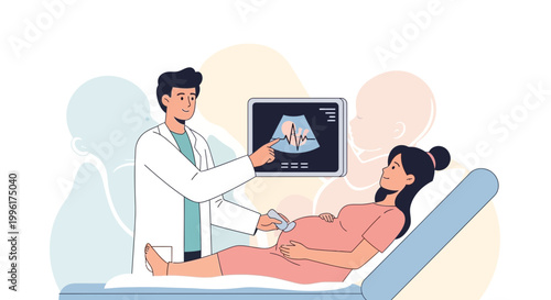 Doctor performs ultrasound on pregnant woman, showing baby on screen