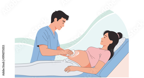 Doctor performs ultrasound on pregnant woman, showing baby's development and health check