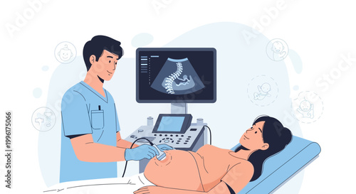Doctor performs ultrasound on pregnant woman, showing baby's spine on screen