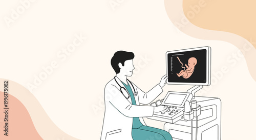 Doctor performs ultrasound scan on pregnant woman, showing fetus on screen