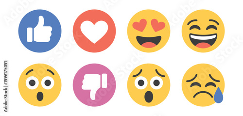 Emoji reaction icon vector set featuring like, love, dislike, laugh, cry, sad, wow, and heart eyes for social media communication design