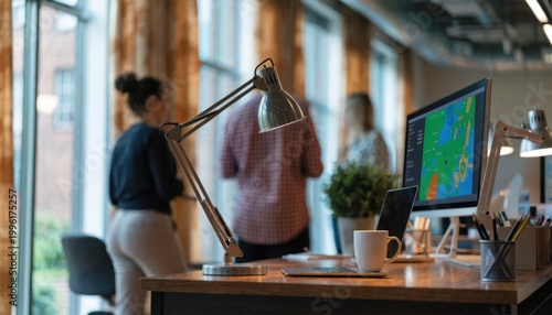 Medium shot of a leasing office workstation featuring an occupancy map on a screen while the background with colleagues remains out of focus.