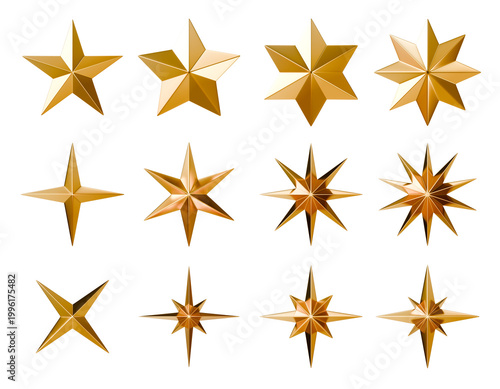 Fotografía Collection of golden 3D stars with different shapes and facets