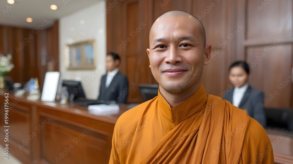 Fototapeta premium A serene monk wearing saffron robes stands in a modern office environment embodying peace and wisdom