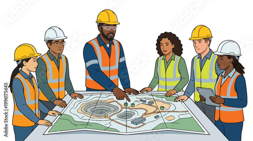 Diverse team of industrial workers and engineers in safety gear discussing a mining site plan on a large map during a project meeting in a professional setting