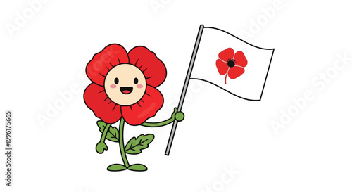 Cute poppy flower character holding a white flag for remembrance day vector isolated on white background