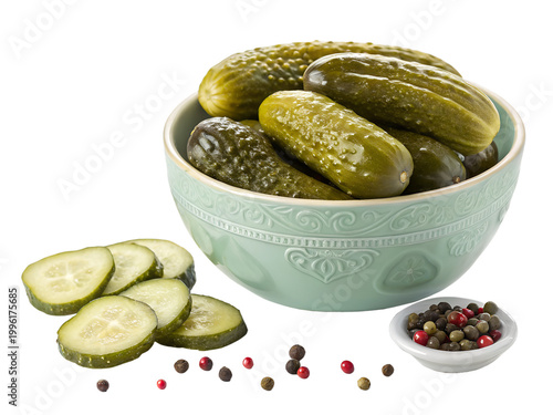 Bowl of Whole Pickled Gherkins with Sliced Dill Cucumbers and Peppercorns Isolated on White