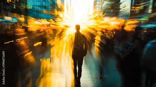 A solitary figure stands still as vibrant city life rushes by, captured in a radiant, blurred motion effect that conveys the energy of urban living.